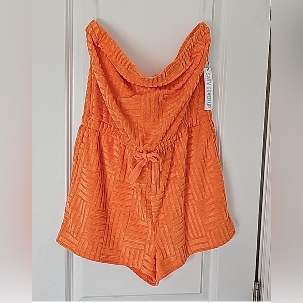 Forever 21 Orange Swim Coverup Romper strapless terry cloth medium
